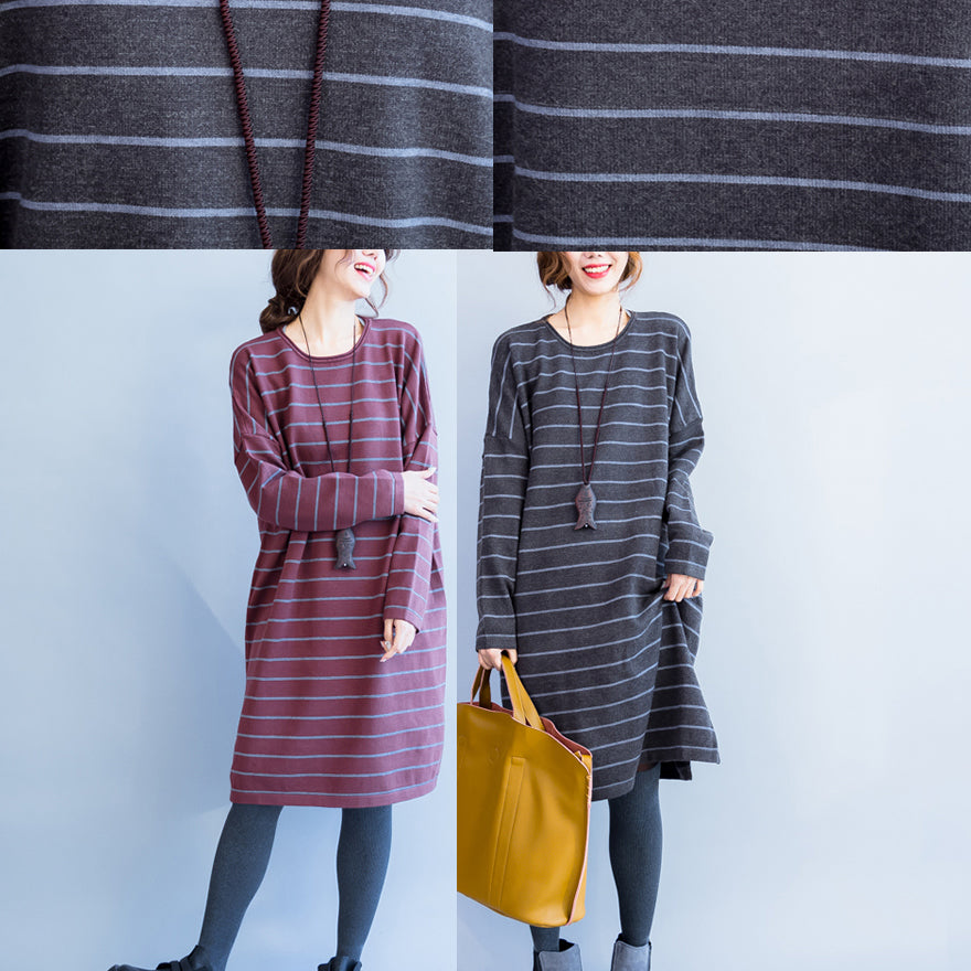 Autumn Gray Knit Dresses Striped Sweater Dress