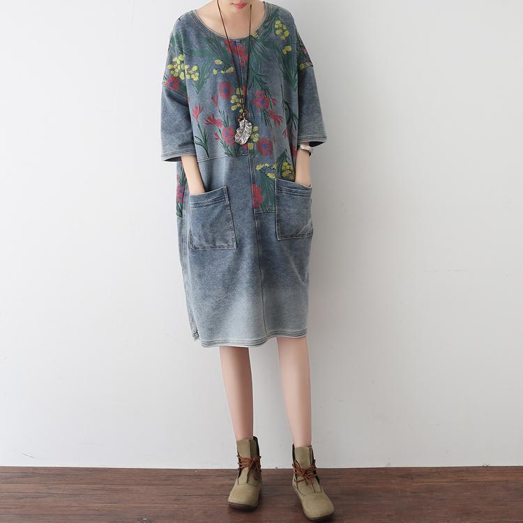 Autumn Oversize Denim Dresses Blooming Flowers Denim Shirts