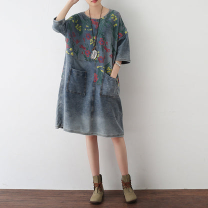 Autumn Oversize Denim Dresses Blooming Flowers Denim Shirts