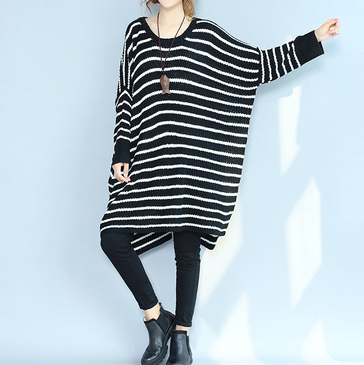 Black Cozy Sweater Dresses Low High O Neck Knit Pullover Dress
