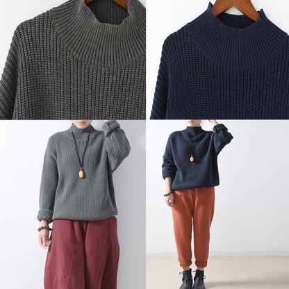Blue Chunky Winter Sweaters Short Knit Tops Oversized Knit Pullover