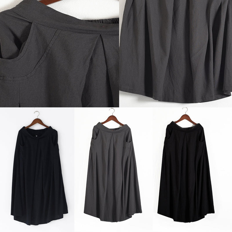 Fall Black Linen Skirts Oversize Pleated Skirts Long