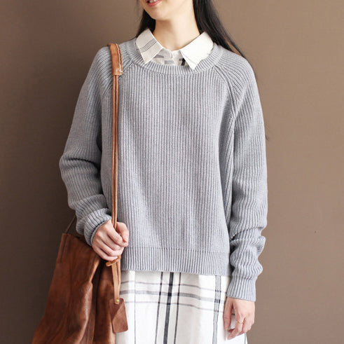 Fall Gray Cotton Knit Tops Oversize Batwing Sleeve Sweater Pullover