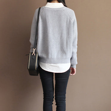 Fall Gray Cotton Knit Tops Oversize Batwing Sleeve Sweater Pullover