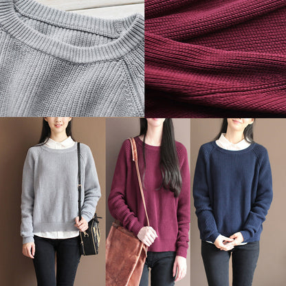 Fall Gray Cotton Knit Tops Oversize Batwing Sleeve Sweater Pullover