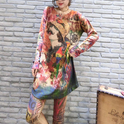 Fall Prints Knit Blouse Oversize O Neck Mid Long Sweater