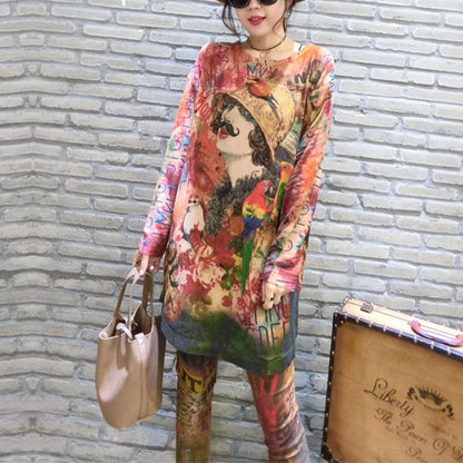 Fall Prints Knit Blouse Oversize O Neck Mid Long Sweater