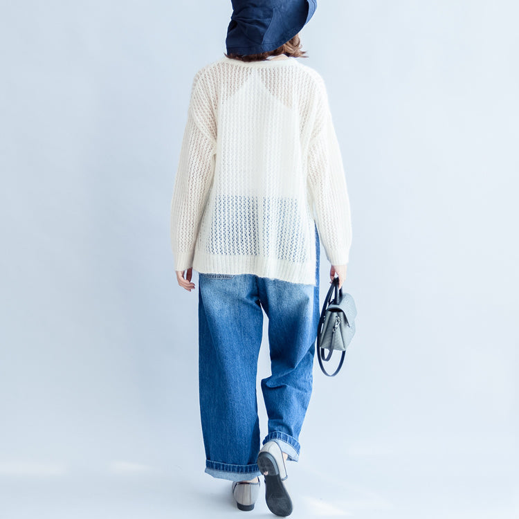 Fall White Hollow Out Cotton Knit Tops Long Sleeve Sweaters Side Open