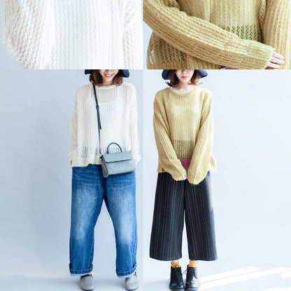 Fall White Hollow Out Cotton Knit Tops Long Sleeve Sweaters Side Open