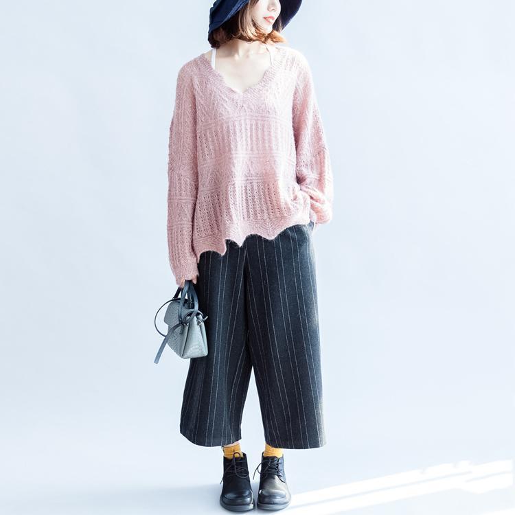 Cotton Knit Tops Ruffles Oversize V Neck Sweaters