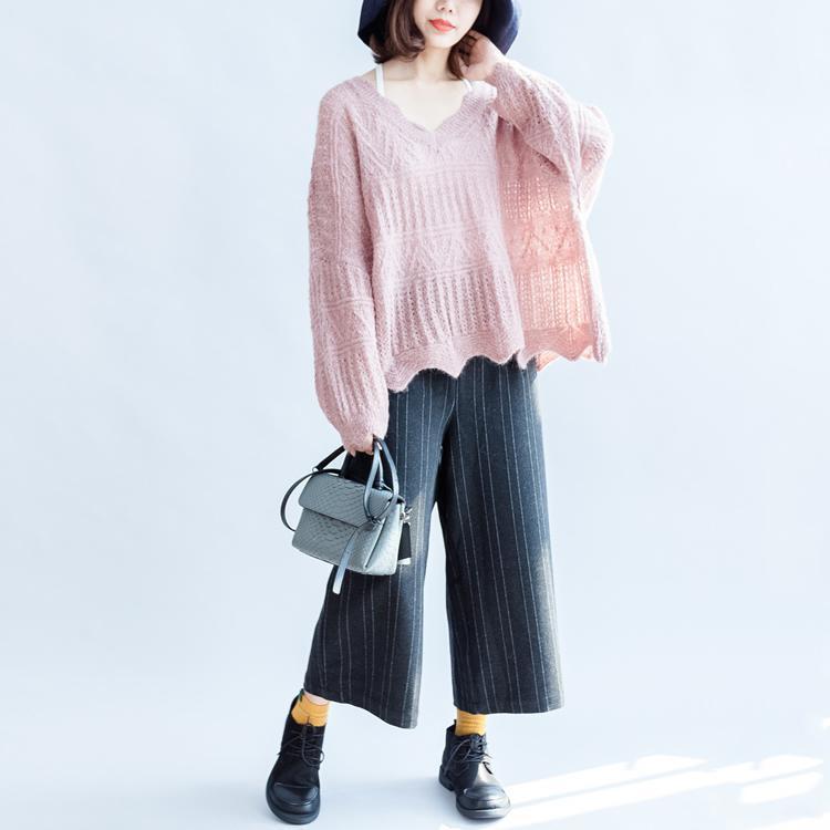 Cotton Knit Tops Ruffles Oversize V Neck Sweaters
