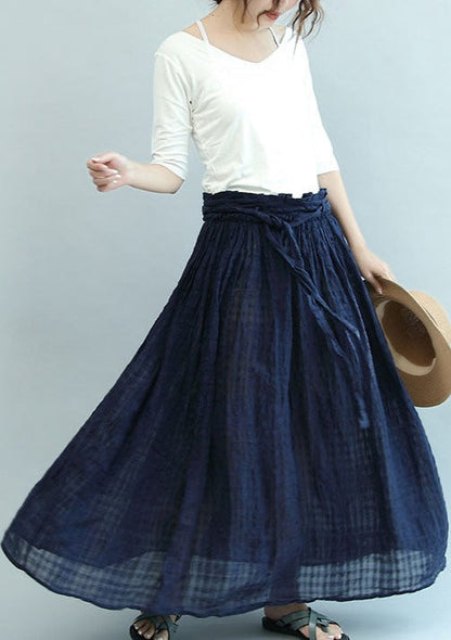 Navy Linen Maxi Skirts Oversize Elastic Waist Summer Skirts