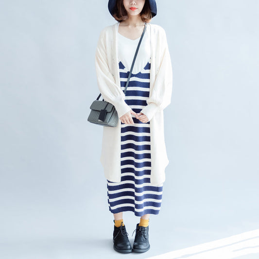 New Beige Hollow Out Cotton Cardigan Big Lantern Sleeve Knit Outwear