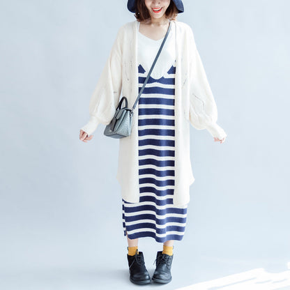 New Beige Hollow Out Cotton Cardigan Big Lantern Sleeve Knit Outwear