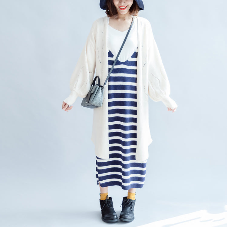 New Beige Hollow Out Cotton Cardigan Big Lantern Sleeve Knit Outwear