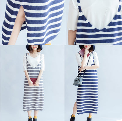 New Gray White Striped Sweater Sleeveless Dresses Loose Dress Side Open