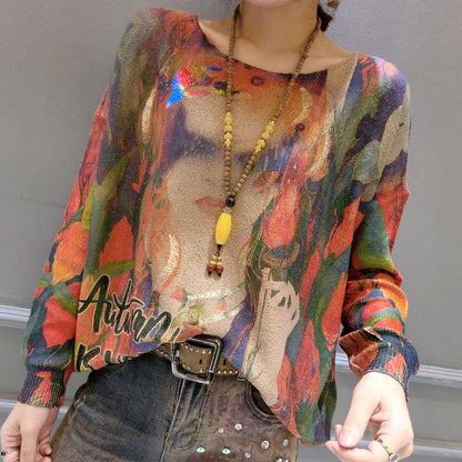 New Girl Prints Cotton Sweater O Neck Pullover Knit Tops
