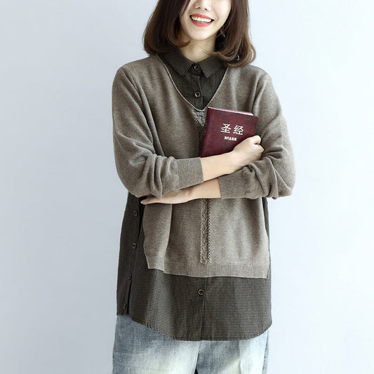 New Khaki Grid Knit Tops Fine Long Sleeve Pullover False Two Pieces