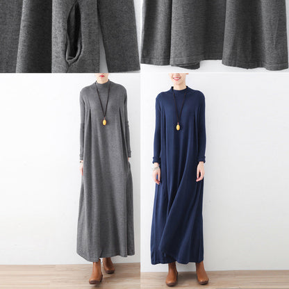 Winter Gray Knit Maxi Dresses Warm Woolen Dresses Caftans Gown