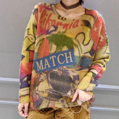 Winter O Neck Alphabet Print Cotton Sweater Tops Ovresize Long Sleeve Knit Pullover
