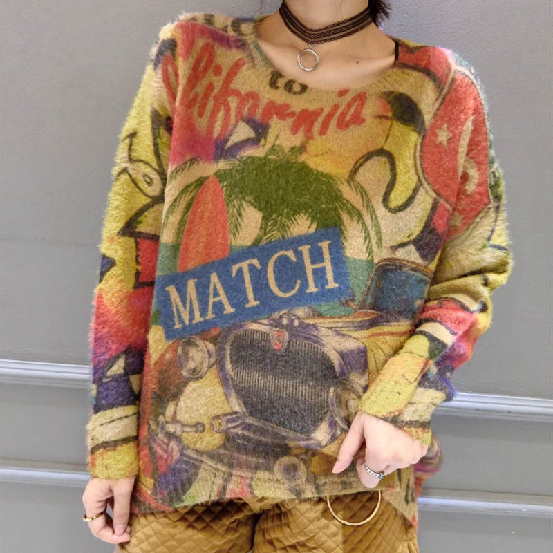 Winter O Neck Alphabet Print Cotton Sweater Tops Ovresize Long Sleeve Knit Pullover