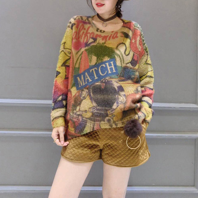 Winter O Neck Alphabet Print Cotton Sweater Tops Ovresize Long Sleeve Knit Pullover