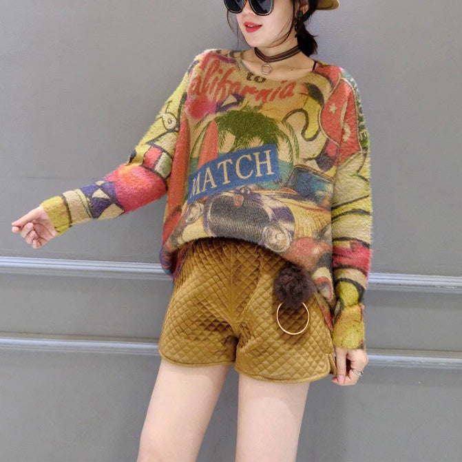 Winter O Neck Alphabet Print Cotton Sweater Tops Ovresize Long Sleeve Knit Pullover