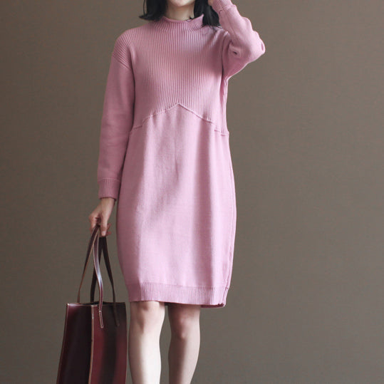 Winter Pink Rabbit Woolen Blended Sweater Dresses Loose Knit Dress