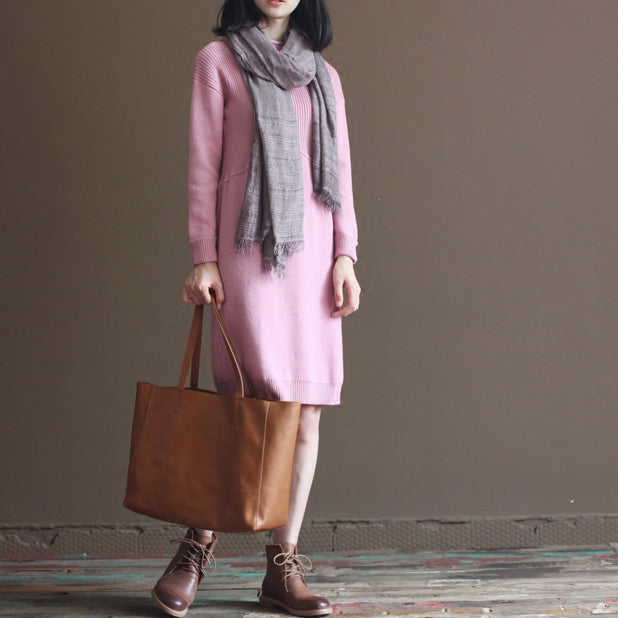 Winter Pink Rabbit Woolen Blended Sweater Dresses Loose Knit Dress