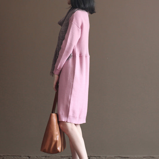 Winter Pink Rabbit Woolen Blended Sweater Dresses Loose Knit Dress
