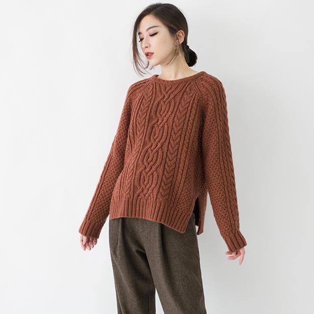 Chocolate Chunky Cozy Sweater Loose Fitting O Neck Side Open Knit Sweat Tops Boutique Cable Knit Blouse