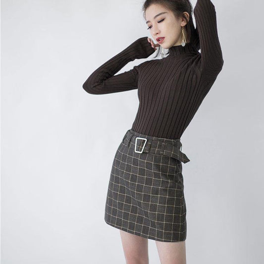 Chocolate Knit Sweaters High Neck Knitted Blouses Side Open Winter Sweaters