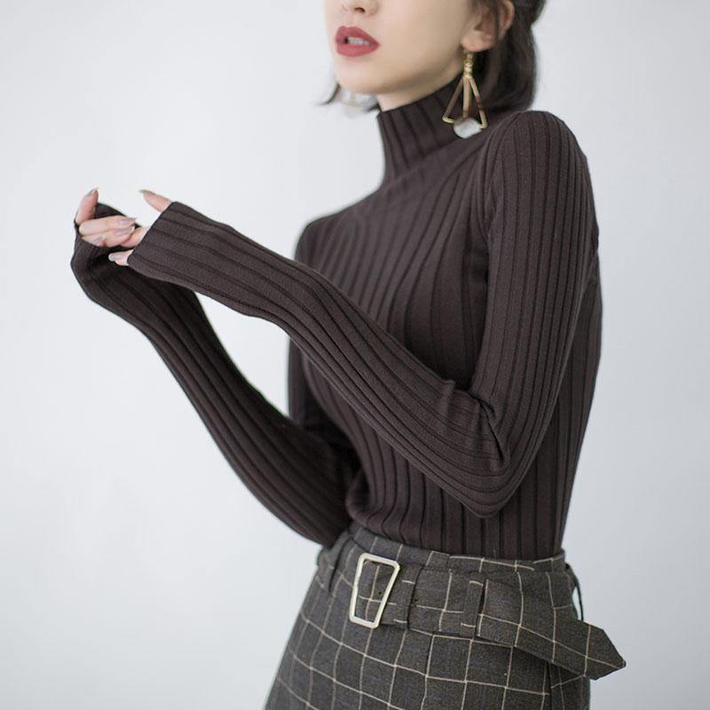 Chocolate Knit Sweaters High Neck Knitted Blouses Side Open Winter Sweaters