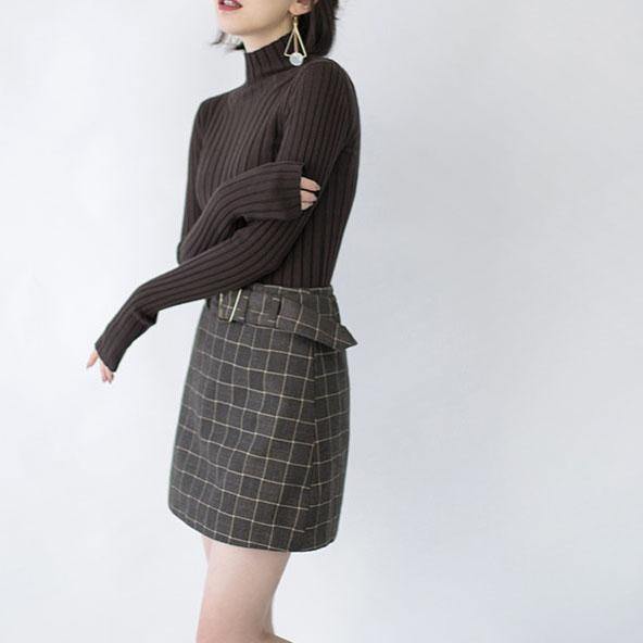 Chocolate Knit Sweaters High Neck Knitted Blouses Side Open Winter Sweaters