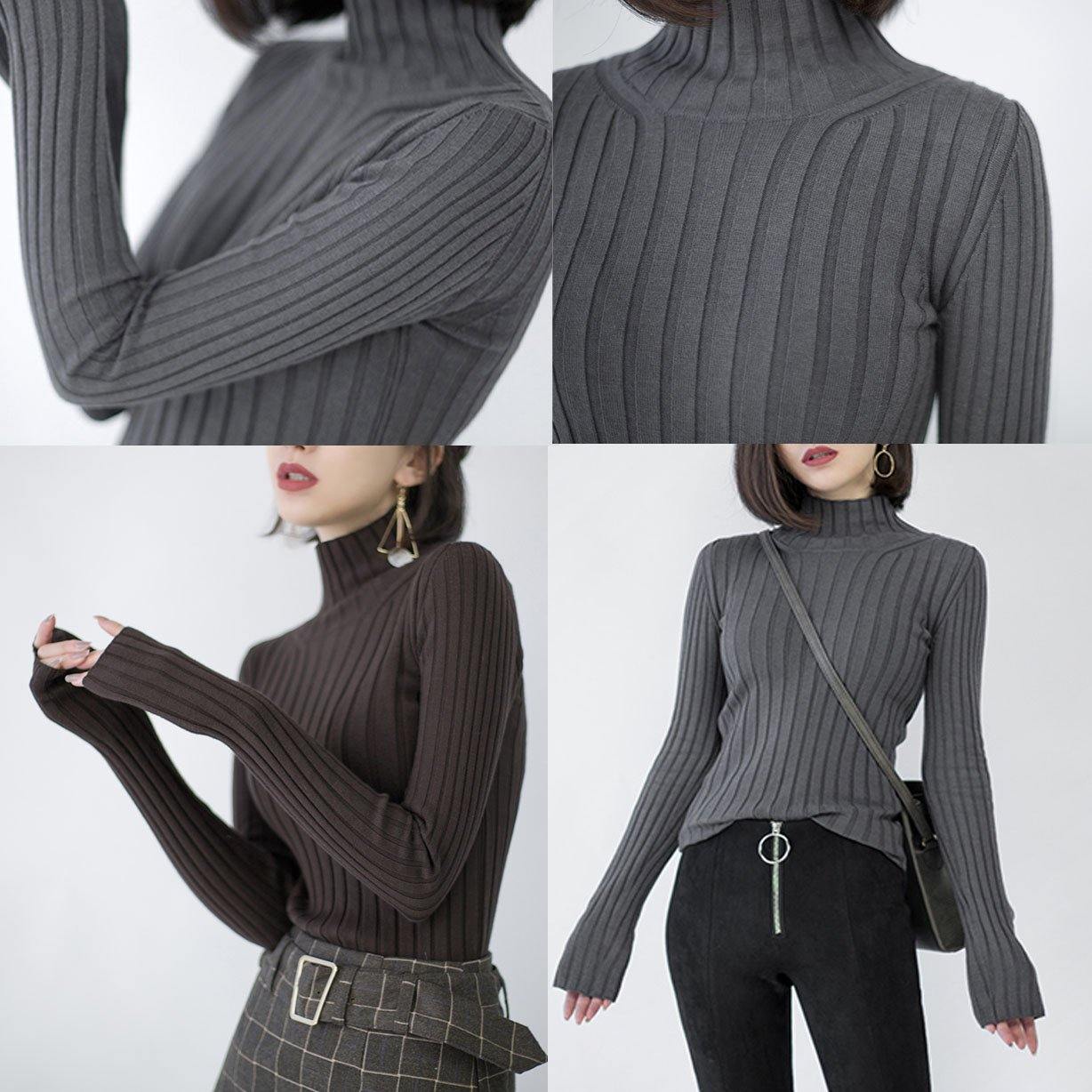 Chocolate Knit Sweaters High Neck Knitted Blouses Side Open Winter Sweaters