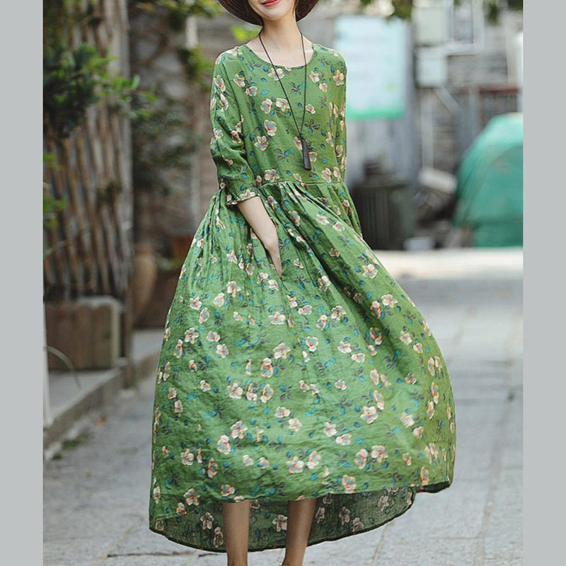 Green Print Natural Linen Dress Loose Fitting O Neck Linen Clothing Dresses Three Quarter Sleeve Baggy Dresses