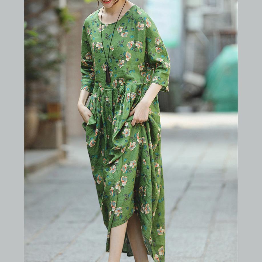 Green Print Natural Linen Dress Loose Fitting O Neck Linen Clothing Dresses Three Quarter Sleeve Baggy Dresses