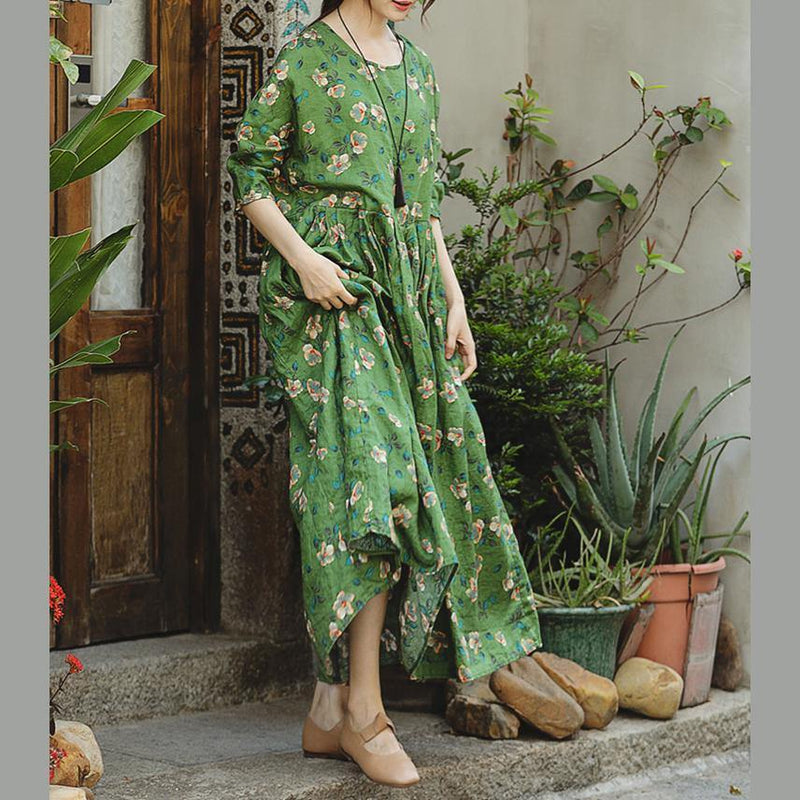 Green Print Natural Linen Dress Loose Fitting O Neck Linen Clothing Dresses Three Quarter Sleeve Baggy Dresses