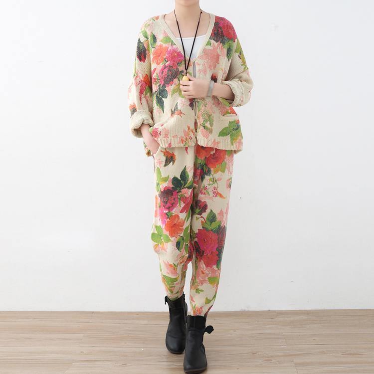 Spring New Roses Prints Sweater and Knit Harem Pants Two Pieces