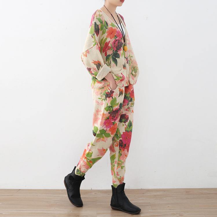 Spring New Roses Prints Sweater and Knit Harem Pants Two Pieces