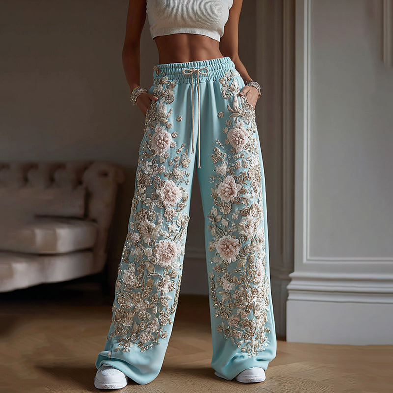 Comstylish Women's Vintage Rose Embroidery Cozy Sweatpants