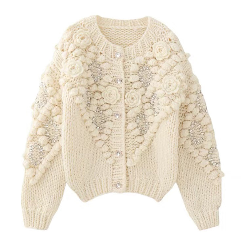 Women's Vintage Bohemian Floral Embroidery Art Aran Sweater Cardigan artswardrobe