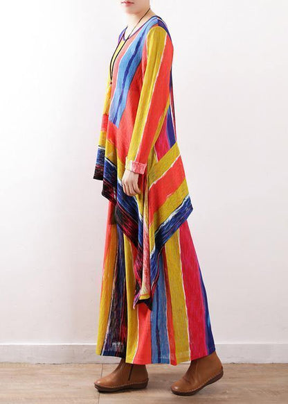 Spring Patchwork Color Striped Two Pieces Asymmetric Hem Tops and Elastic Waist Wide Leg Pants