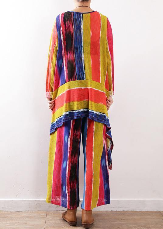 Spring Patchwork Color Striped Two Pieces Asymmetric Hem Tops and Elastic Waist Wide Leg Pants