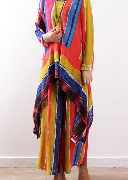 Spring Patchwork Color Striped Two Pieces Asymmetric Hem Tops and Elastic Waist Wide Leg Pants