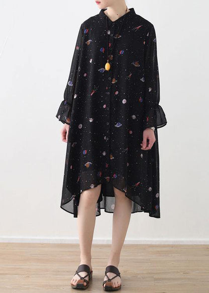 Spring Summer Black Chiffon Flared Sleeve Dress