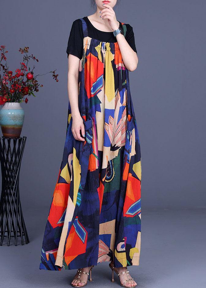 Summer Printed Dress Rayon Irregular Suspender Skirt + Black T-shirt Two Piece Set