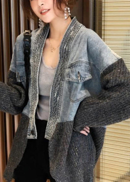 Autumn Winter New Loose Fit Denim Spliced Knitted Cardigan Coat