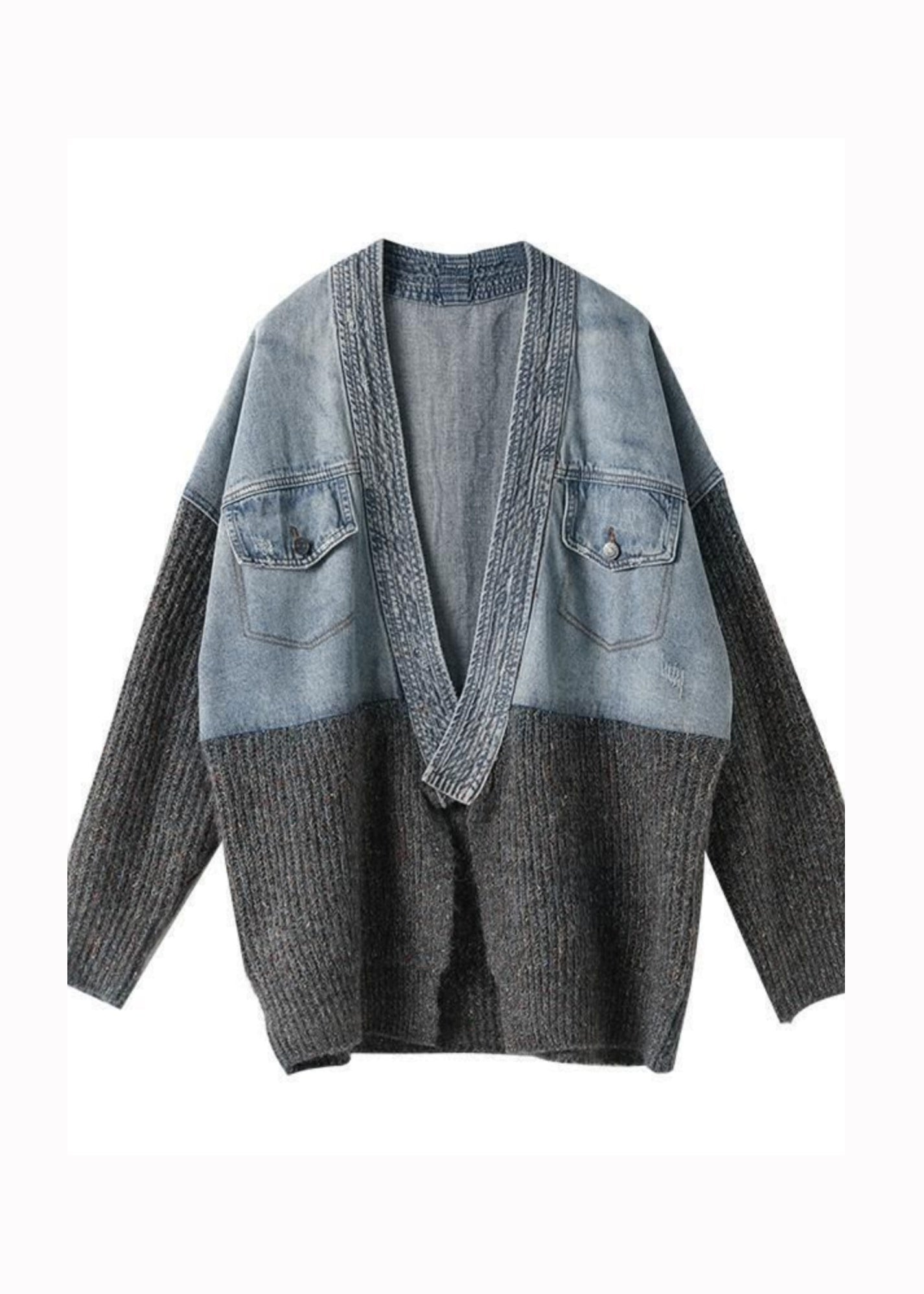 Autumn Winter New Loose Fit Denim Spliced Knitted Cardigan Coat