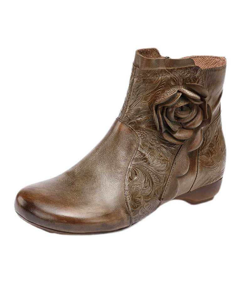 Zippered Splicing Wedge Boots Camel Cowhide Leather